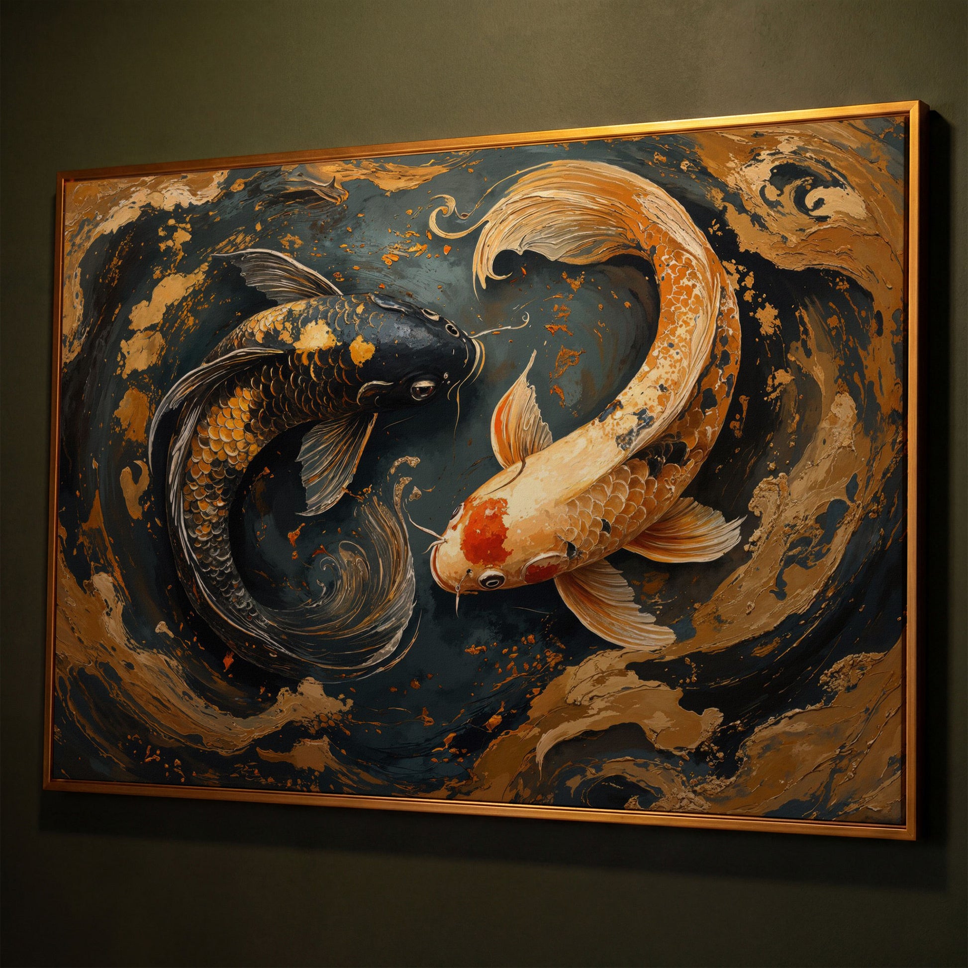 Japanese Koi Fish Yin Yang Canvas shown in antique gold floating frame