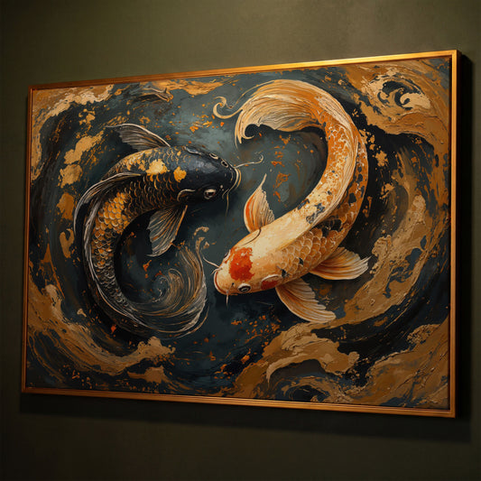 Japanese Koi Fish Yin Yang Canvas shown in antique gold floating frame