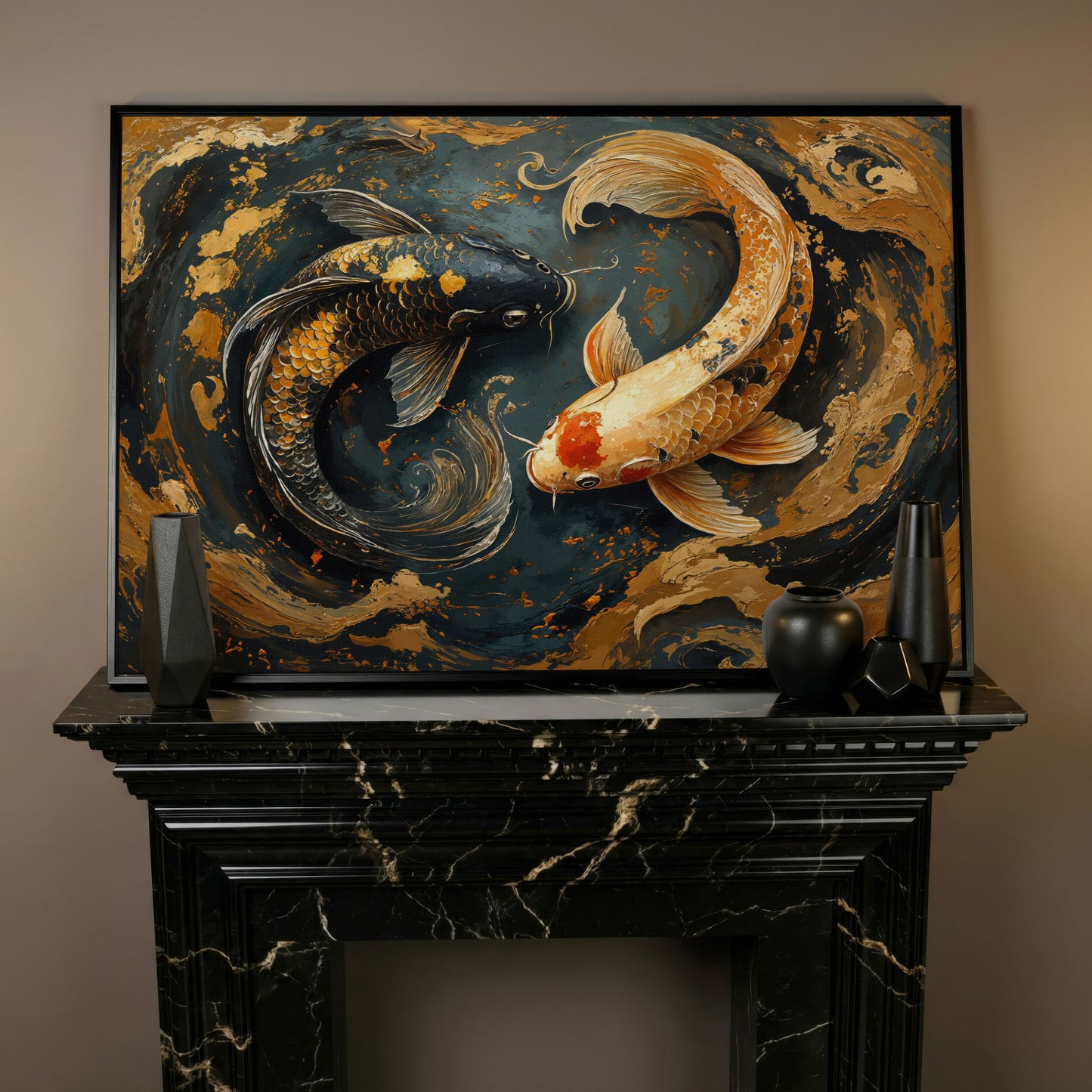 Japanese Koi Fish Yin Yang Canvas in black floating frame