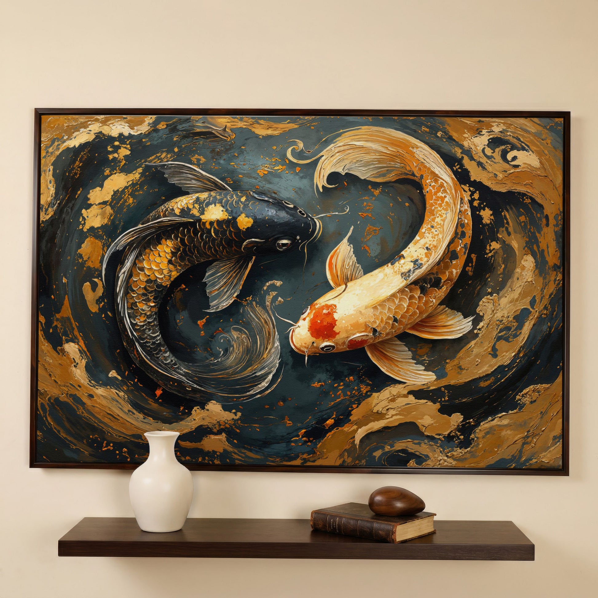 Japanese Koi Fish Yin Yang Canvas in dark walnut floating frame