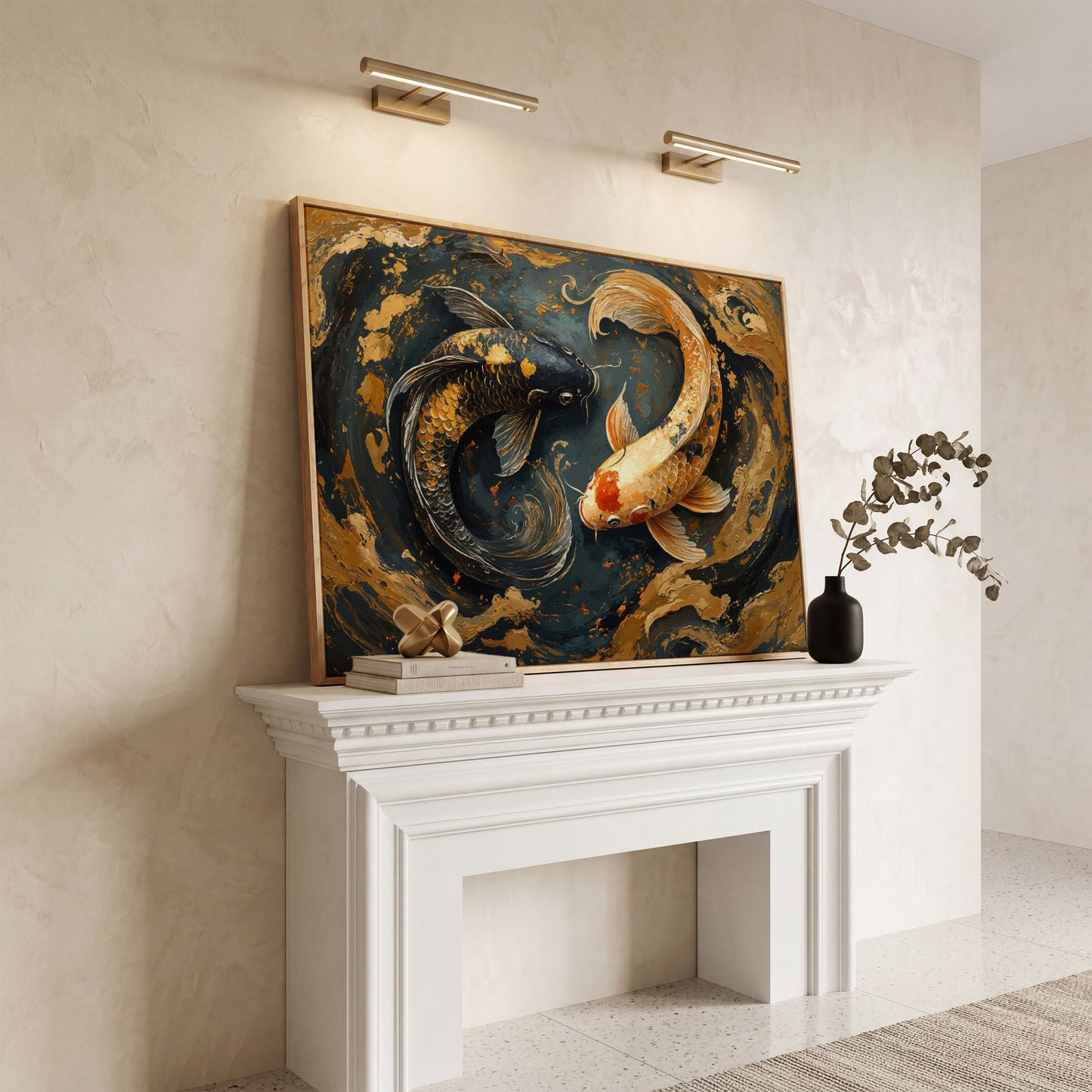 Japanese Koi Fish Yin Yang Canvas in white oak floating frame