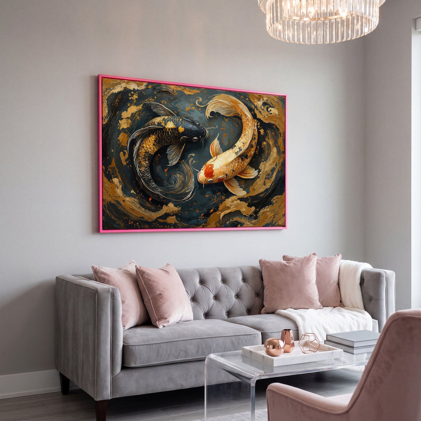 Japanese Koi Fish Yin Yang Canvas in pink floating frame
