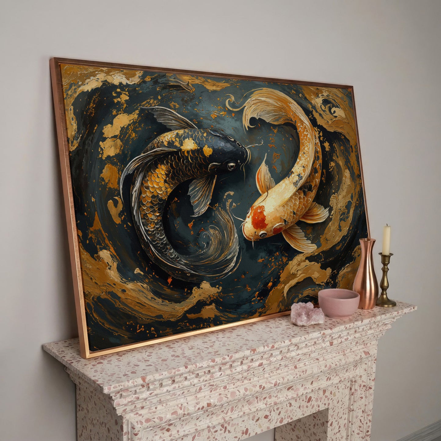 Japanese Koi Fish Yin Yang Canvas in rose gold floating frame