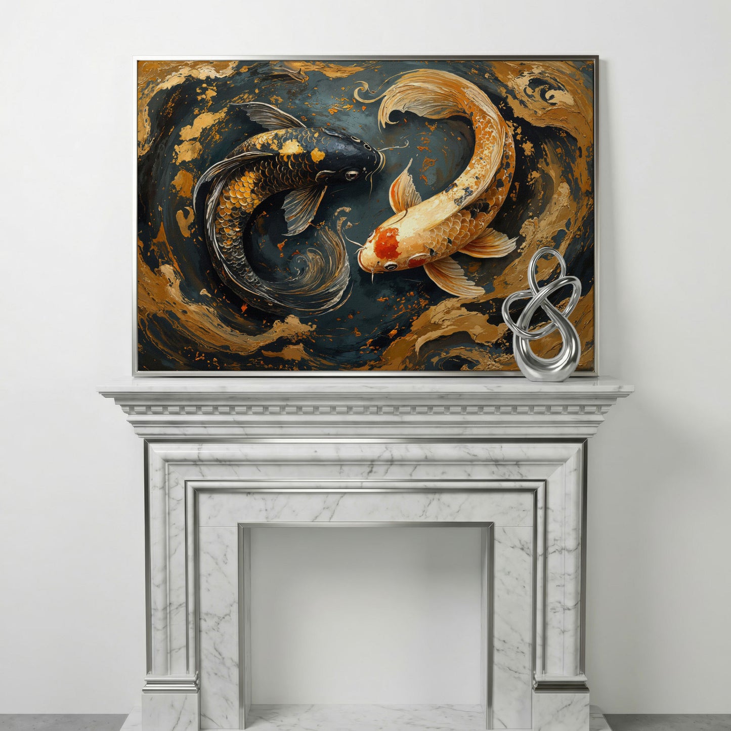 Japanese Koi Fish Yin Yang Canvas in silver floating frame