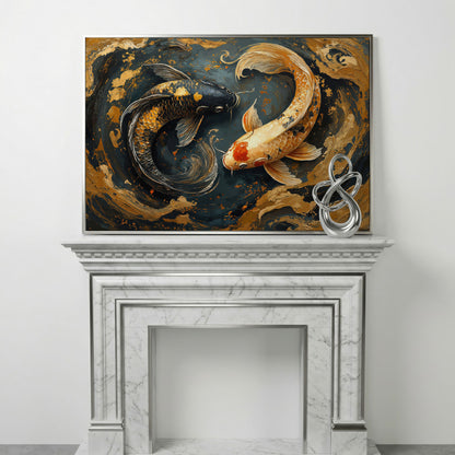 Japanese Koi Fish Yin Yang Canvas in silver floating frame