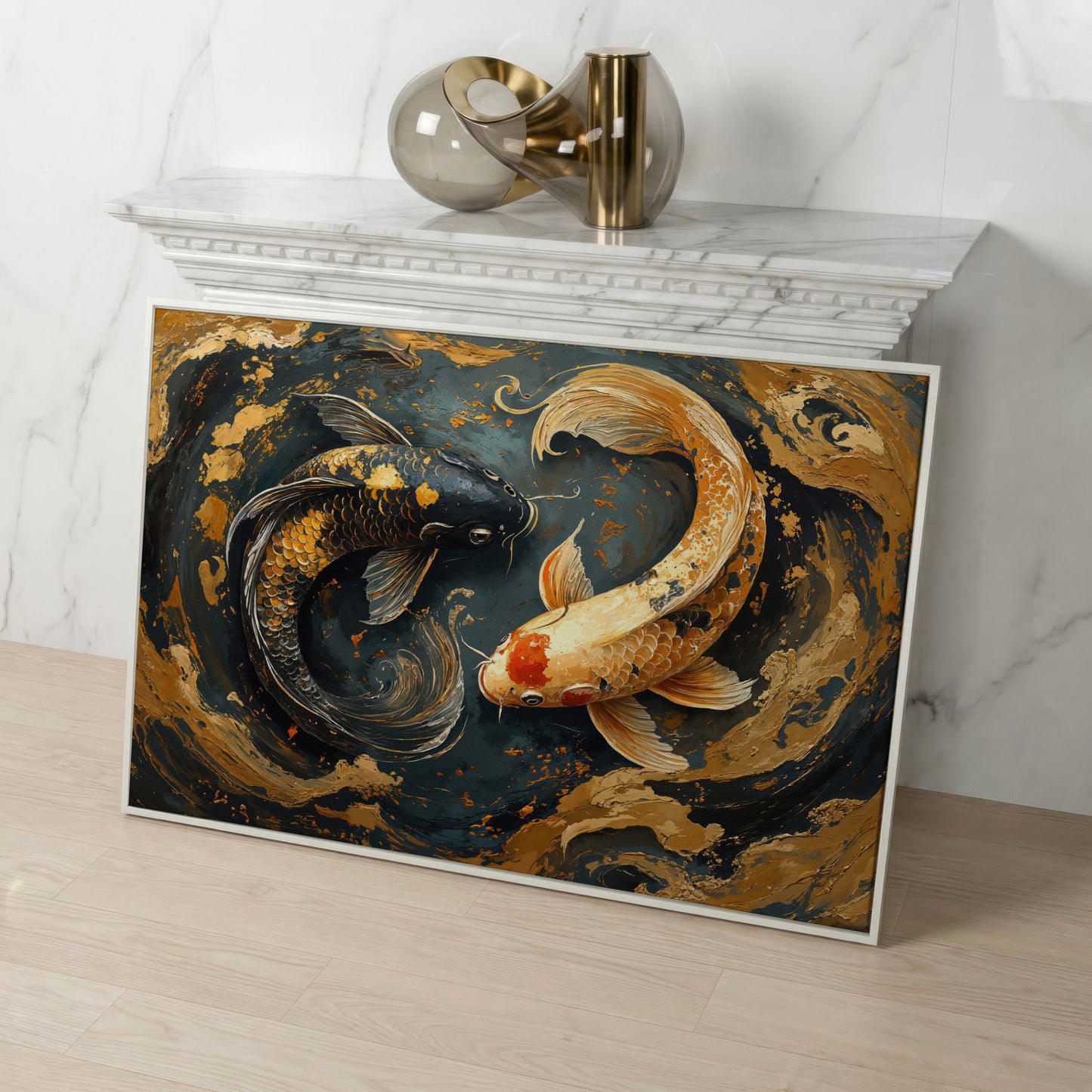 Japanese Koi Fish Yin Yang Canvas in white floating frame