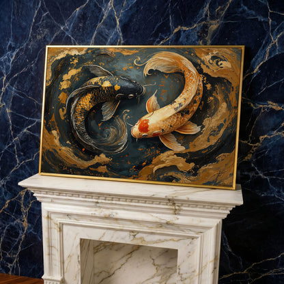 Japanese Koi Fish Yin Yang Canvas in yellow gold floating frame