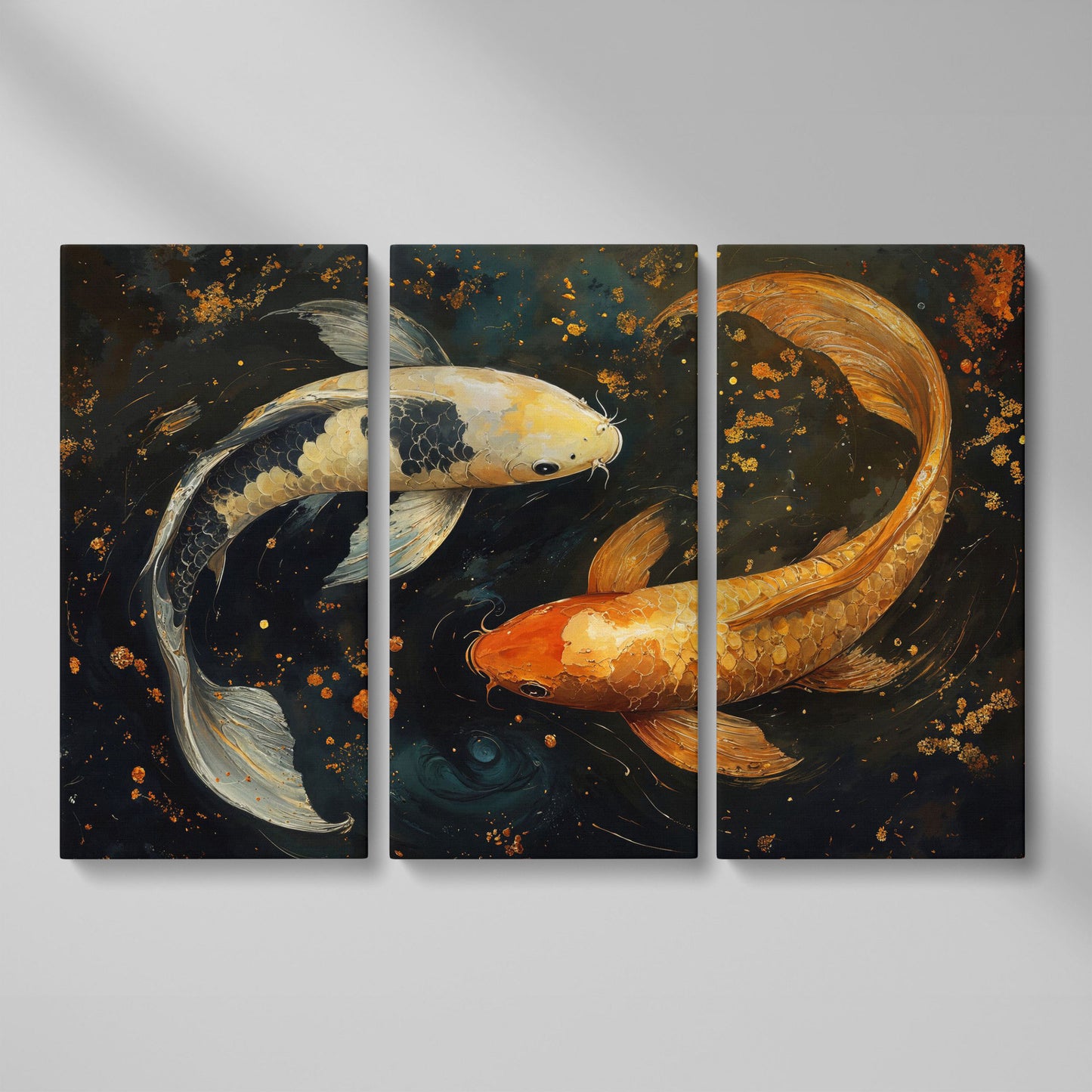 Two Koi Fish Canvas Art, Dark Pond with Gold Accents as 3-panel split version