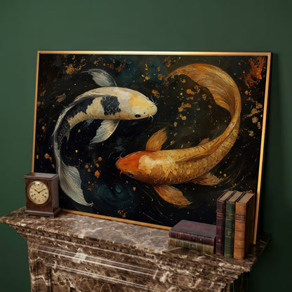 Two Koi Fish Canvas Art, Dark Pond with Gold Accents in antique gold floating frame
