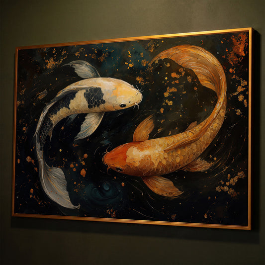 Two Koi Fish Canvas Art, Dark Pond with Gold Accents shown in antique gold floating frame