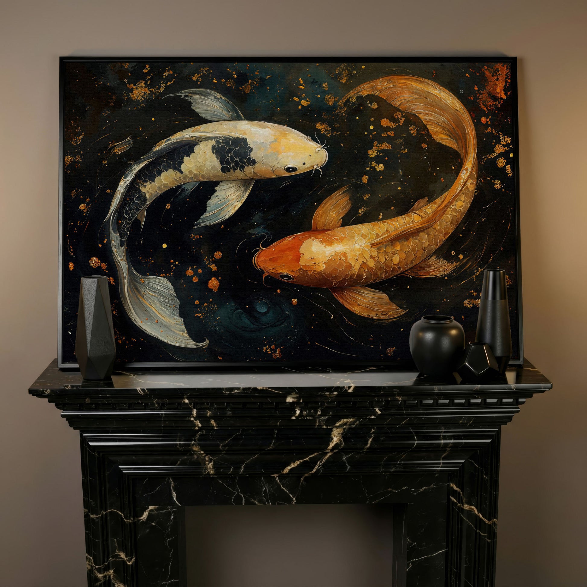 Two Koi Fish Canvas Art, Dark Pond with Gold Accents in black floating frame
