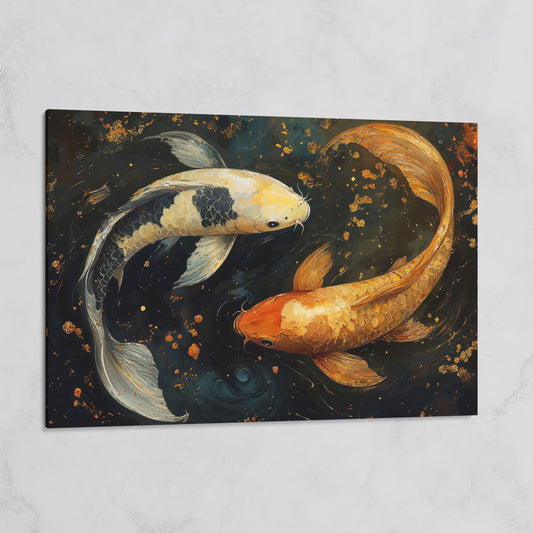 Two Koi Fish Canvas Art, Dark Pond with Gold Accents on gallery wrap