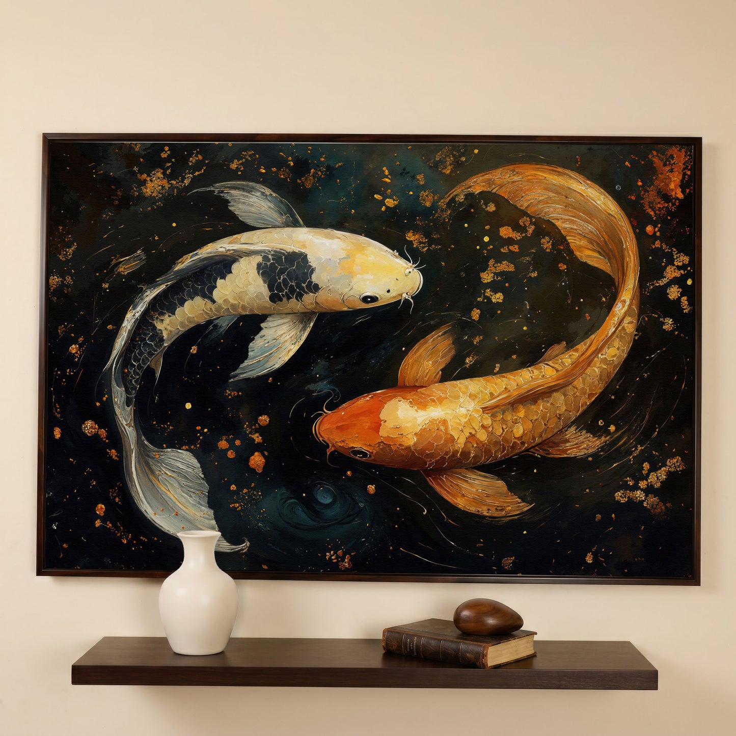 Two Koi Fish Canvas Art, Dark Pond with Gold Accents in dark walnut floating frame
