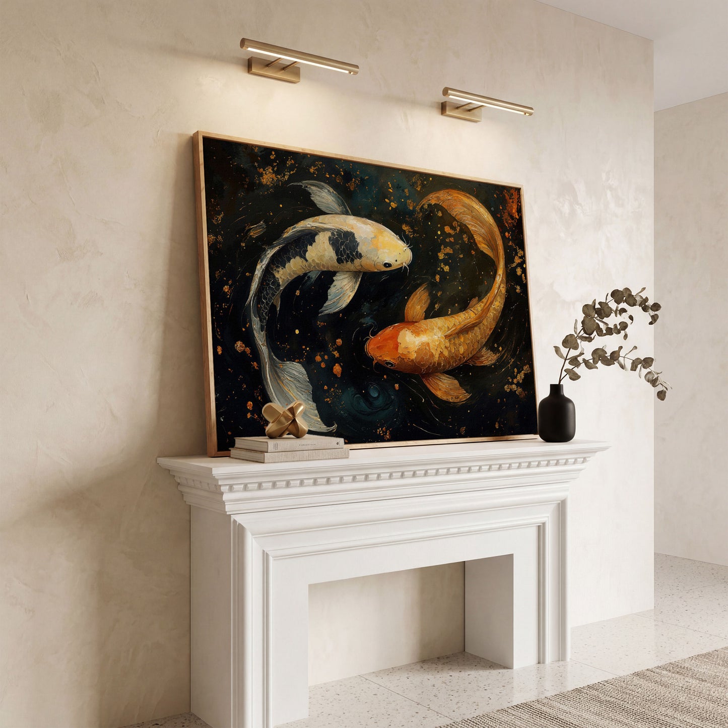 Two Koi Fish Canvas Art, Dark Pond with Gold Accents in white oak floating frame