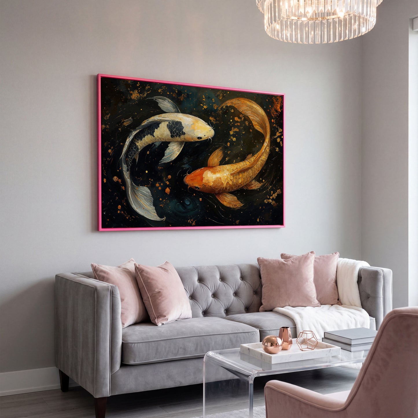 Two Koi Fish Canvas Art, Dark Pond with Gold Accents in pink floating frame