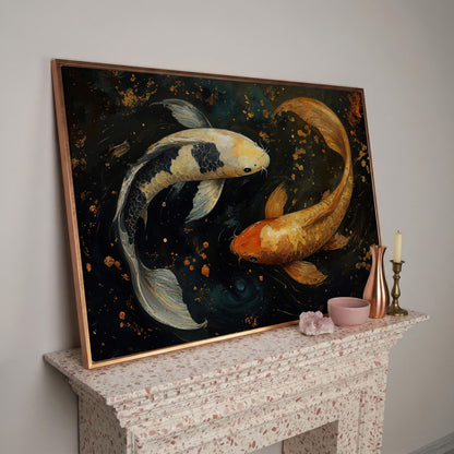 Two Koi Fish Canvas Art, Dark Pond with Gold Accents in rose gold floating frame