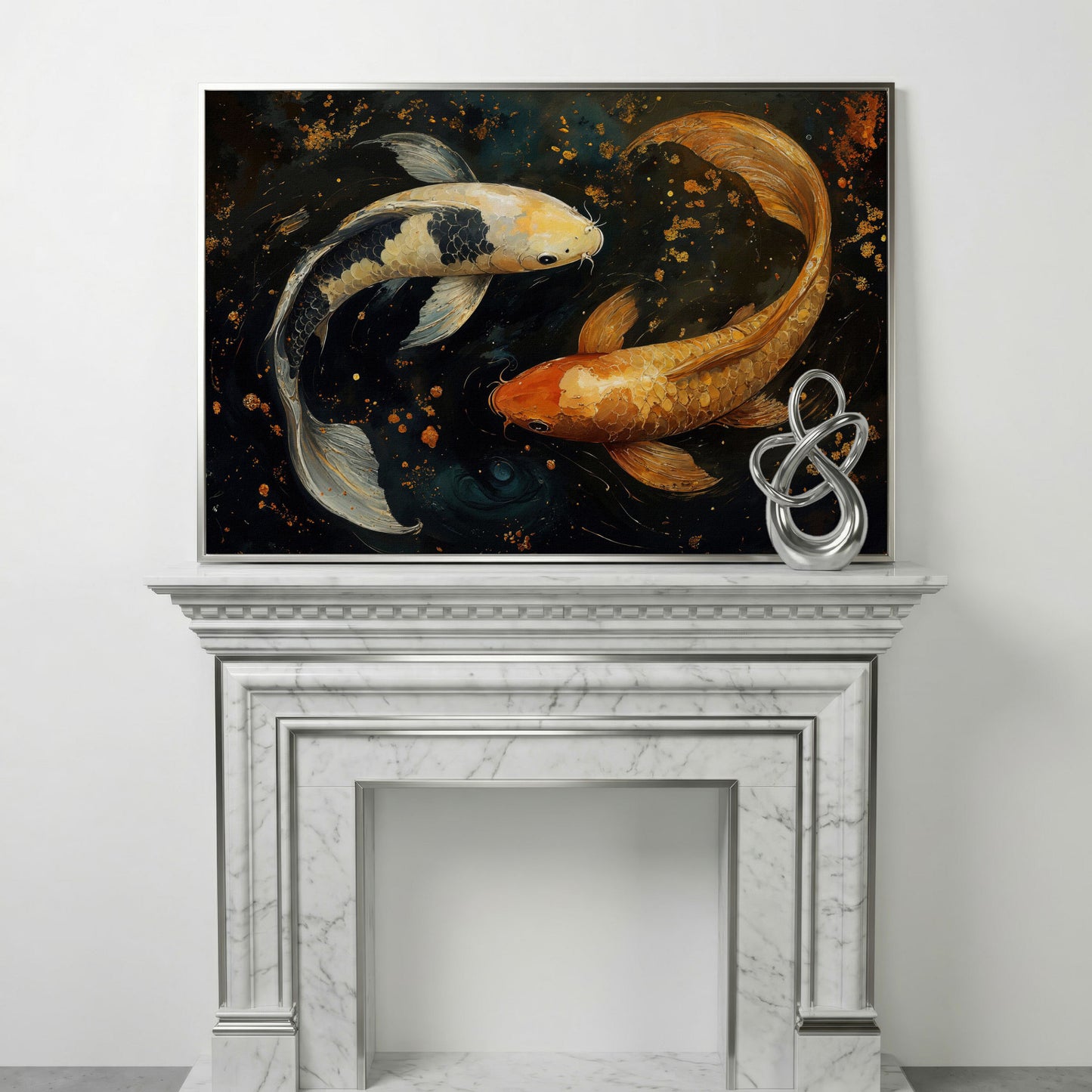 Two Koi Fish Canvas Art, Dark Pond with Gold Accents in silver floating frame