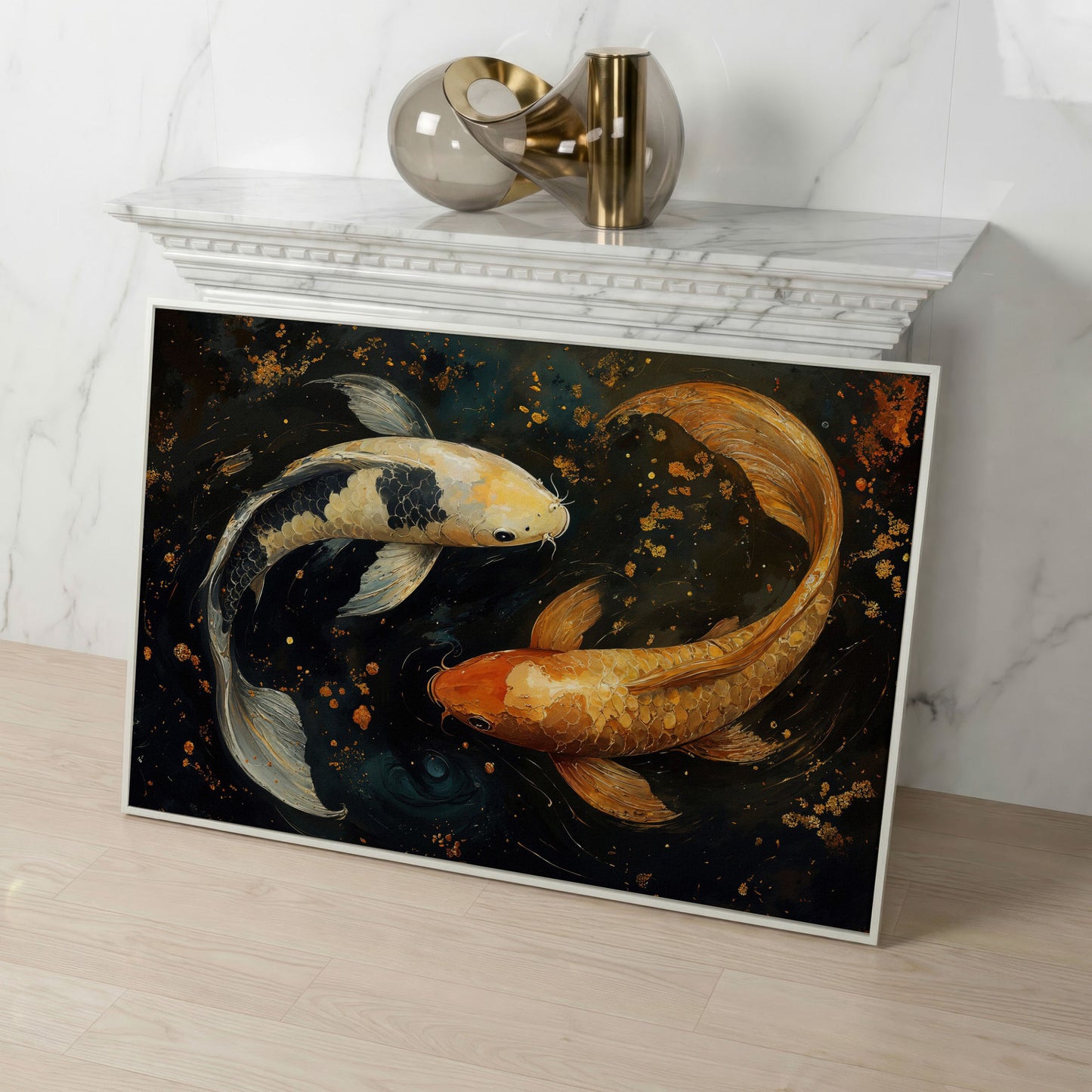 Two Koi Fish Canvas Art, Dark Pond with Gold Accents in white floating frame