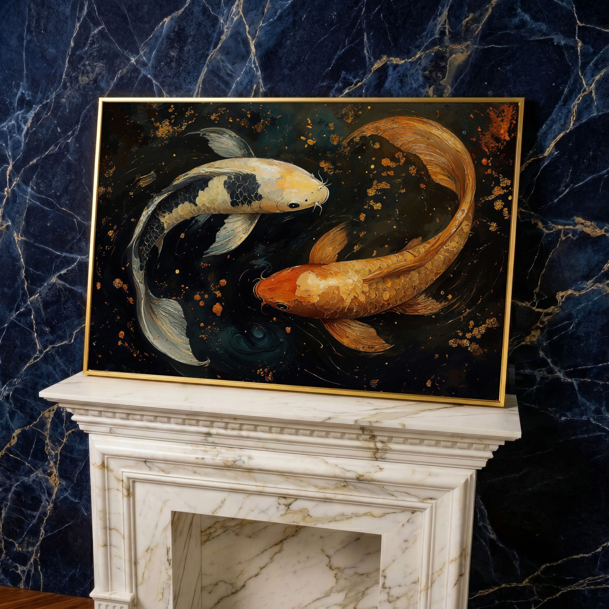Two Koi Fish Canvas Art, Dark Pond with Gold Accents in yellow gold floating frame