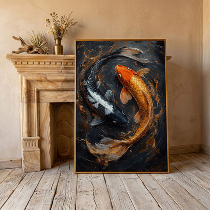 Koi Fish Canvas in Zen Yin Yang Design in antique gold floating frame