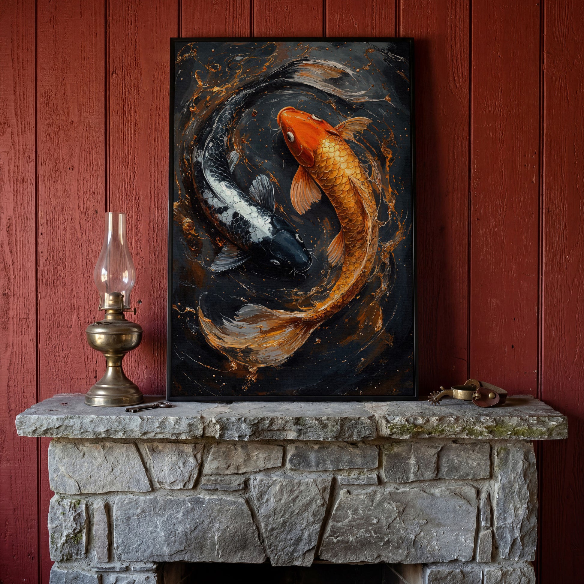 Koi Fish Canvas in Zen Yin Yang Design in black floating frame
