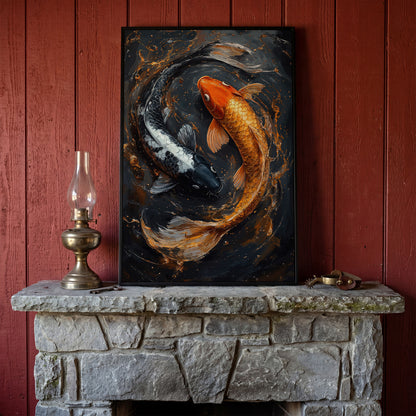 Koi Fish Canvas in Zen Yin Yang Design in black floating frame