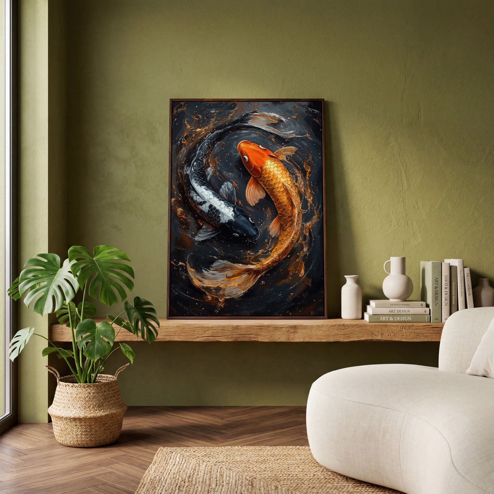 Koi Fish Canvas in Zen Yin Yang Design in dark walnut floating frame