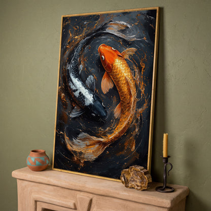 Koi Fish Canvas in Zen Yin Yang Design in white oak floating frame