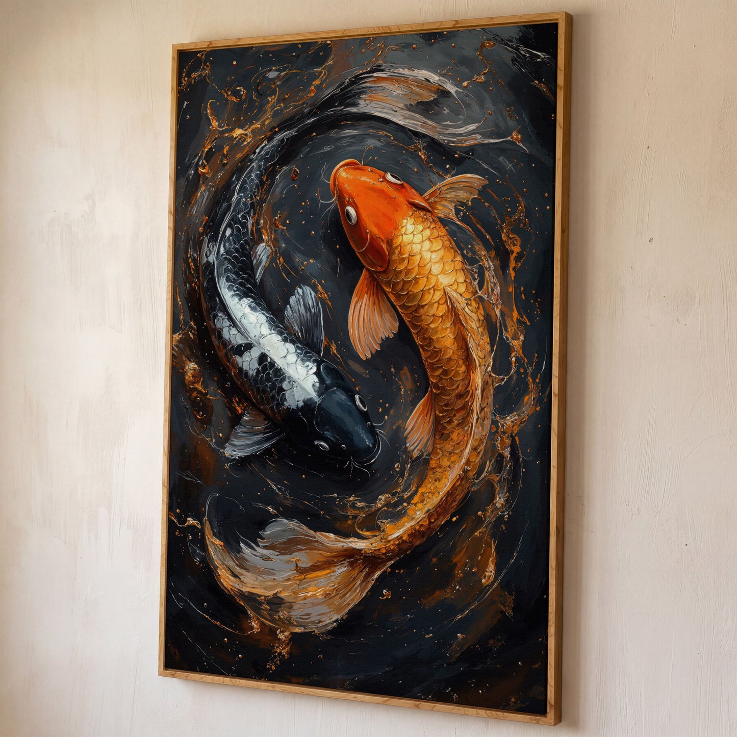 Koi Fish Canvas in Zen Yin Yang Design shown in white oak floating frame