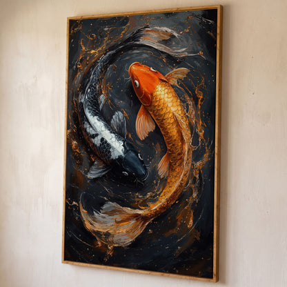 Koi Fish Canvas in Zen Yin Yang Design shown in white oak floating frame