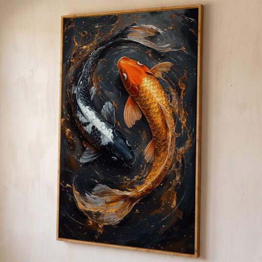 Koi Fish Canvas in Zen Yin Yang Design shown in white oak floating frame