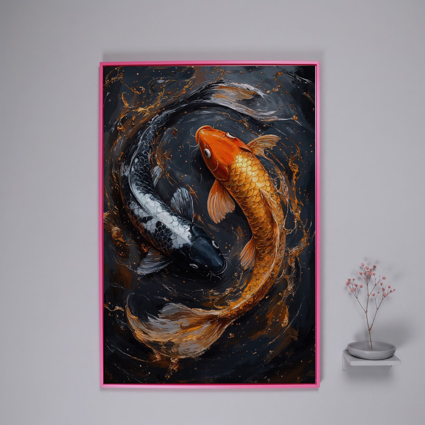 Koi Fish Canvas in Zen Yin Yang Design in pink floating frame