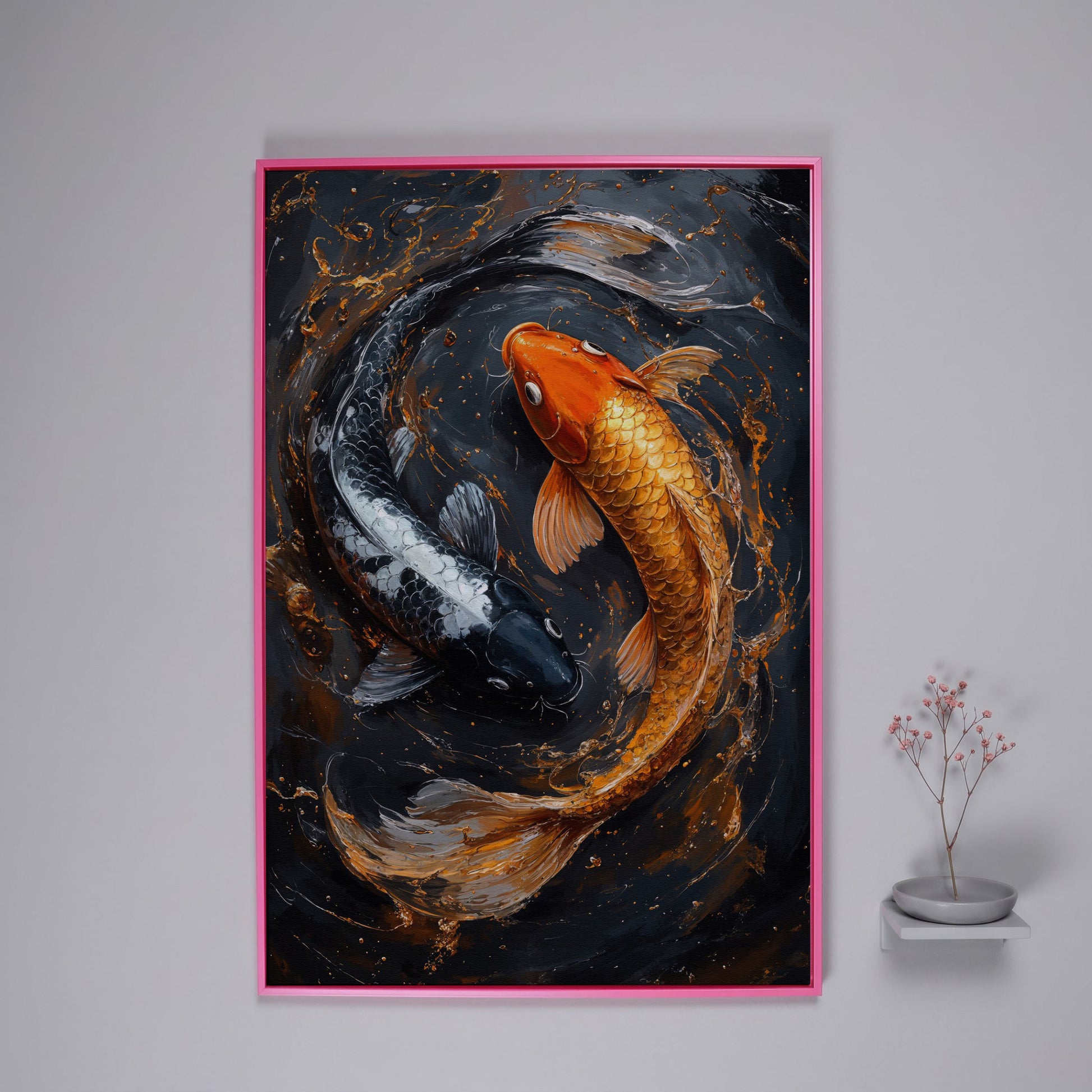 Koi Fish Canvas in Zen Yin Yang Design in pink floating frame
