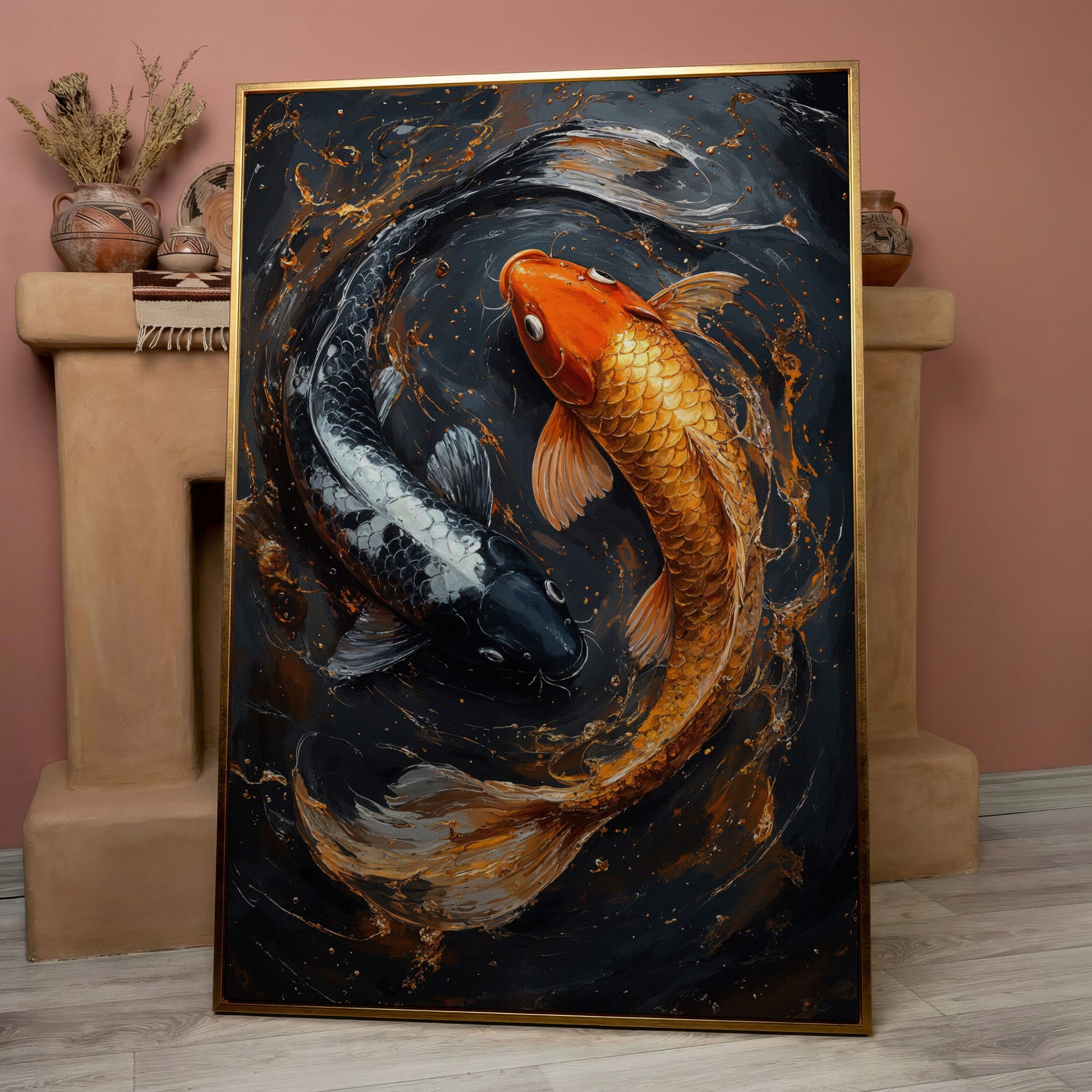 Koi Fish Canvas in Zen Yin Yang Design in rose gold floating frame