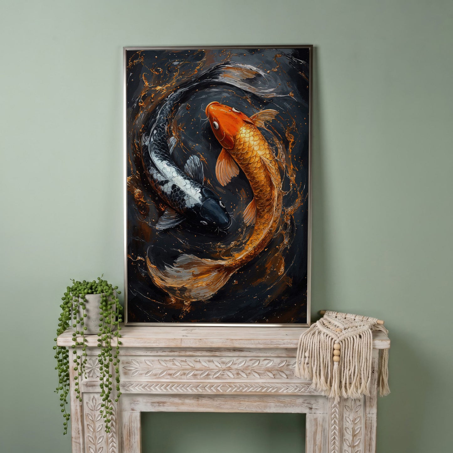 Koi Fish Canvas in Zen Yin Yang Design in silver floating frame