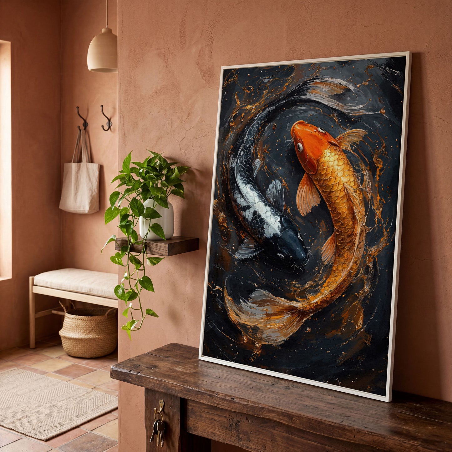 Koi Fish Canvas in Zen Yin Yang Design in white floating frame