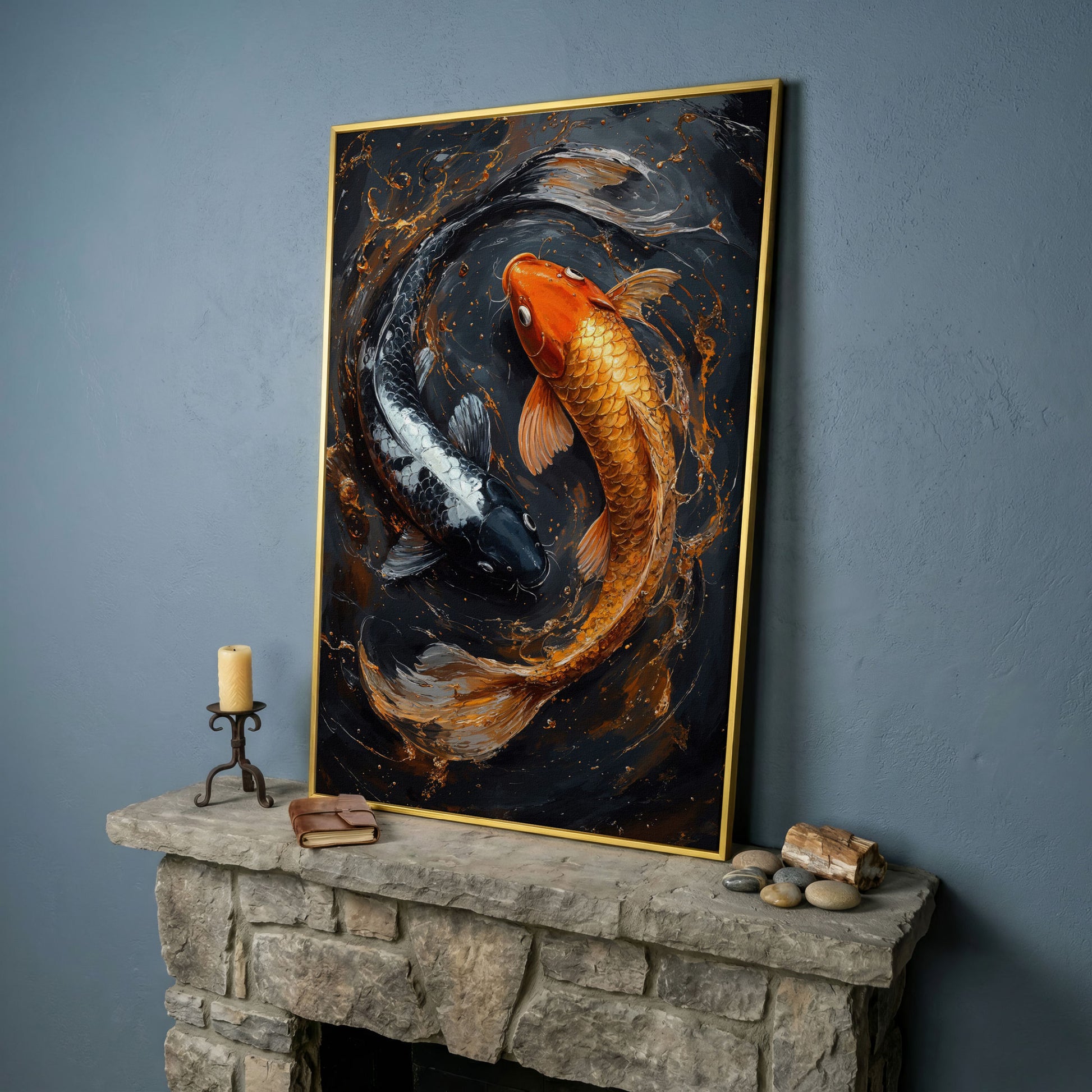Koi Fish Canvas in Zen Yin Yang Design in yellow gold floating frame