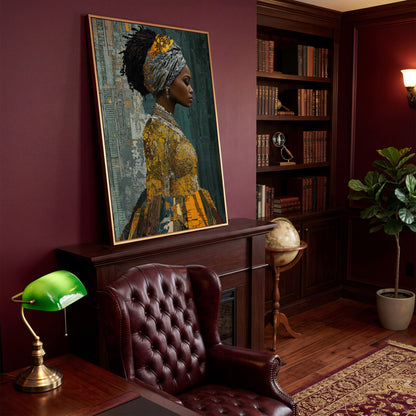 Black Woman Portrait Canvas Art with Abstract Elements in antique gold floating frame