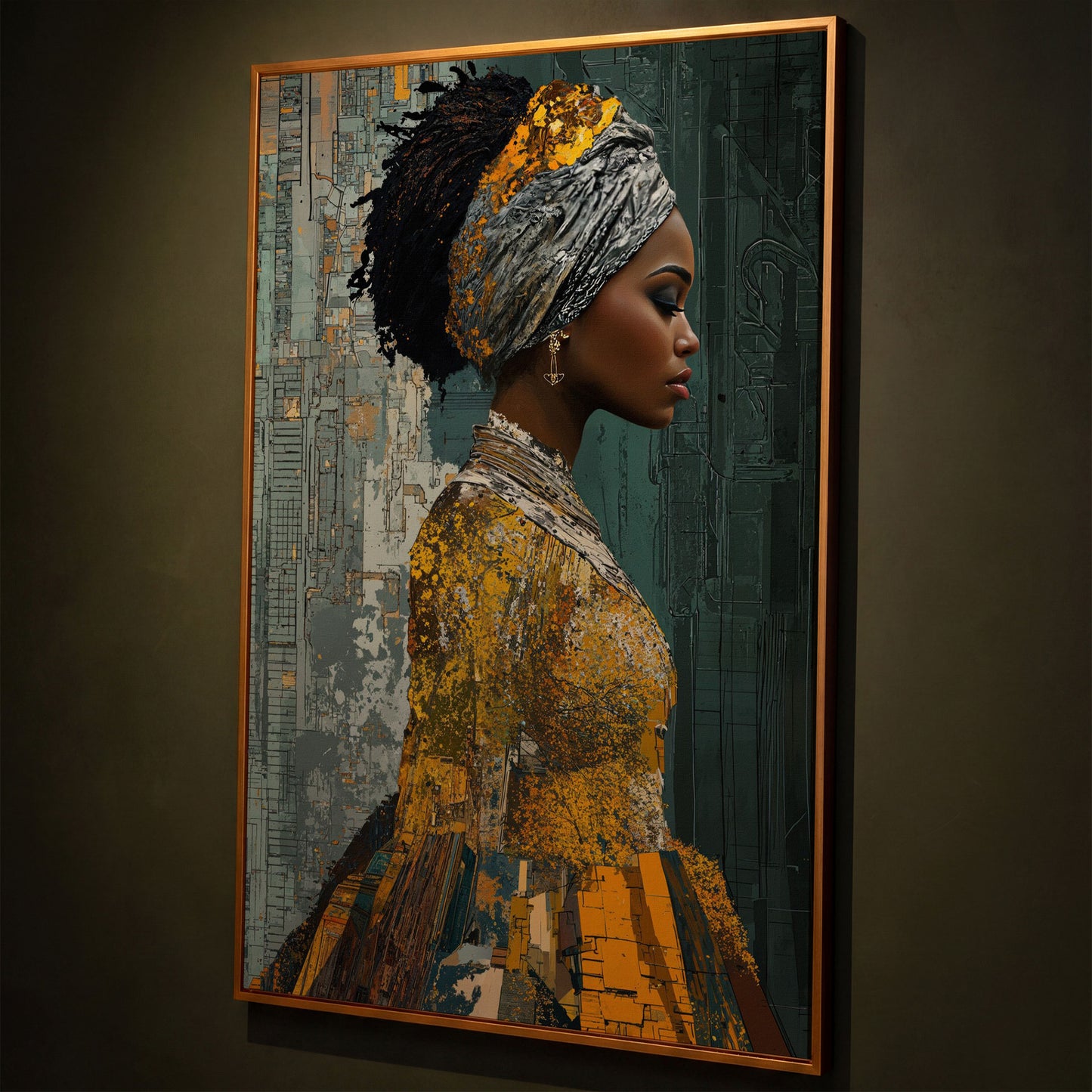 Black Woman Portrait Canvas Art with Abstract Elements shown in antique gold floating frame