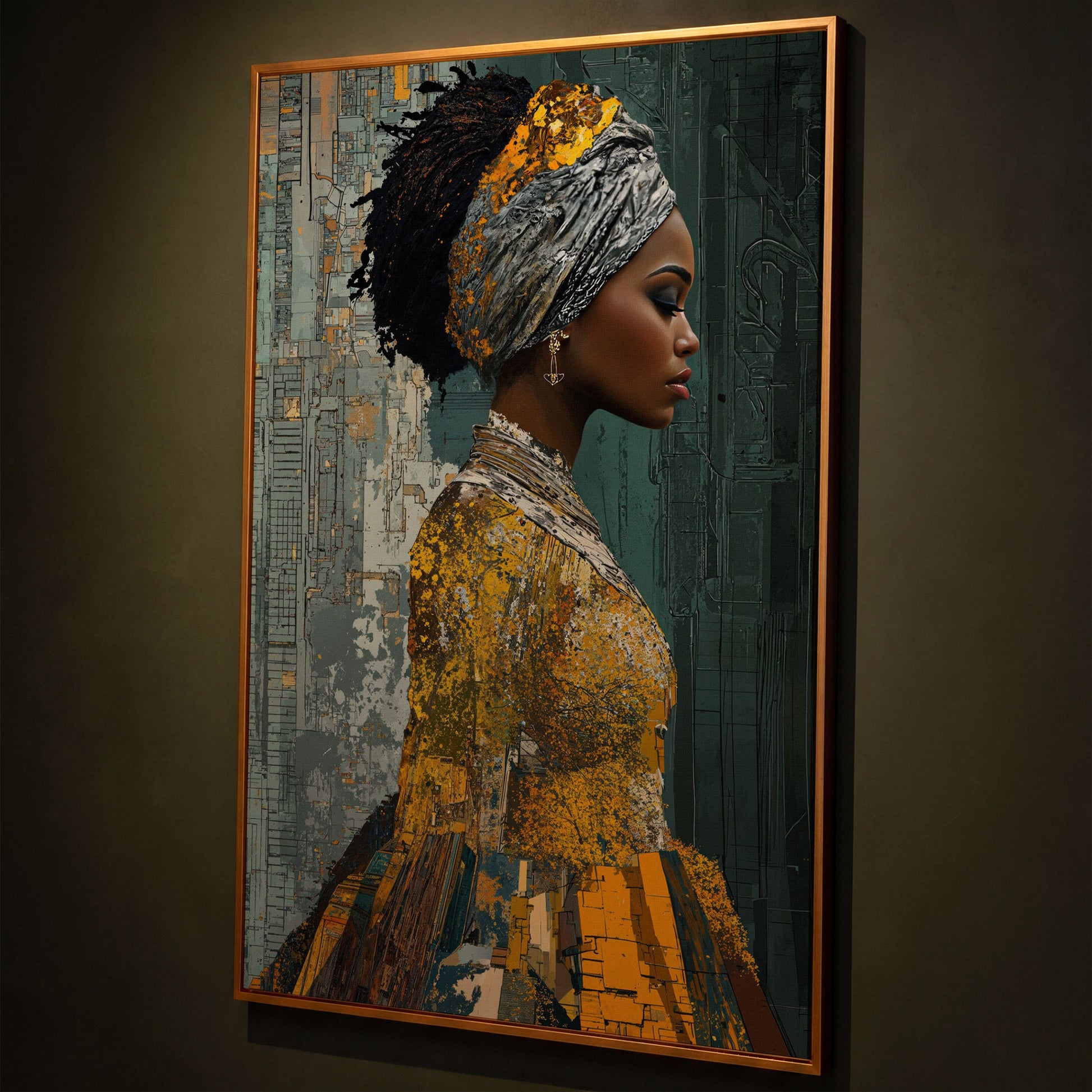 Black Woman Portrait Canvas Art with Abstract Elements shown in antique gold floating frame