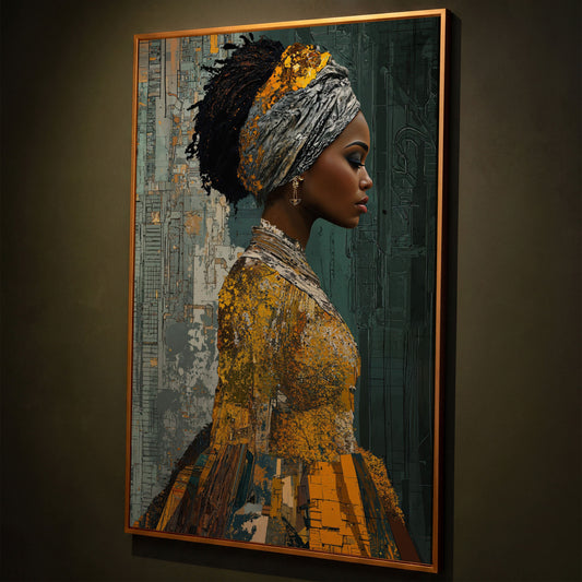 Black Woman Portrait Canvas Art with Abstract Elements shown in antique gold floating frame