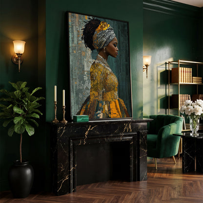 Black Woman Portrait Canvas Art with Abstract Elements in black floating frame