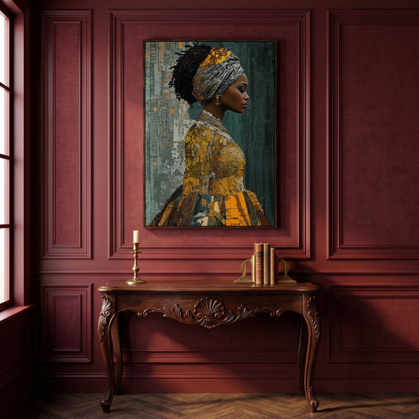 Black Woman Portrait Canvas Art with Abstract Elements in dark walnut floating frame