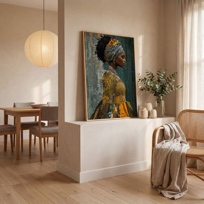 Black Woman Portrait Canvas Art with Abstract Elements in white oak floating frame