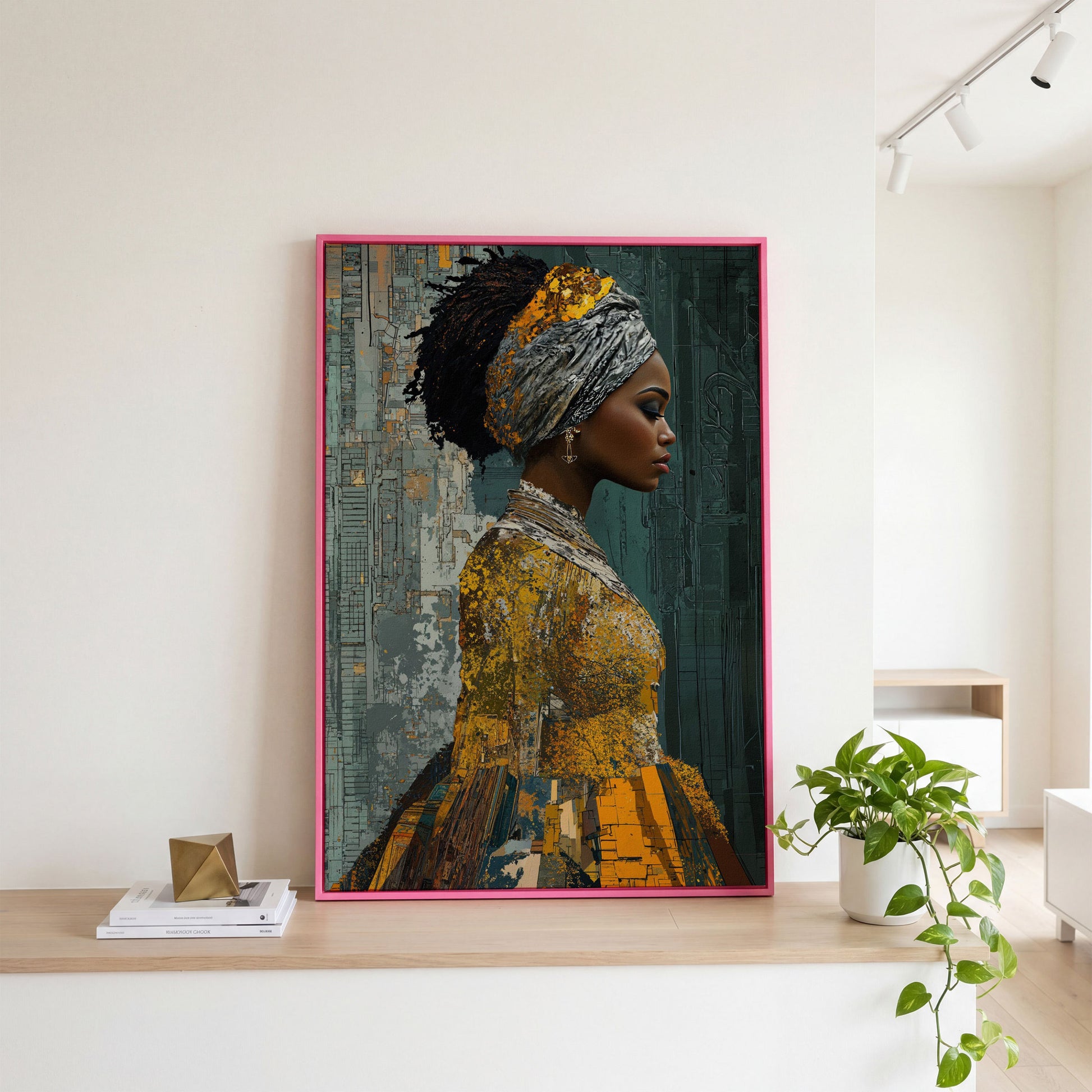 Black Woman Portrait Canvas Art with Abstract Elements in pink floating frame