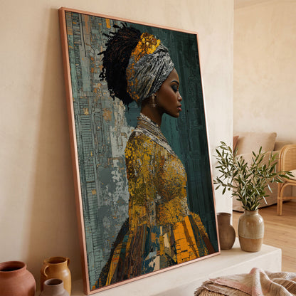 Black Woman Portrait Canvas Art with Abstract Elements in rose gold floating frame