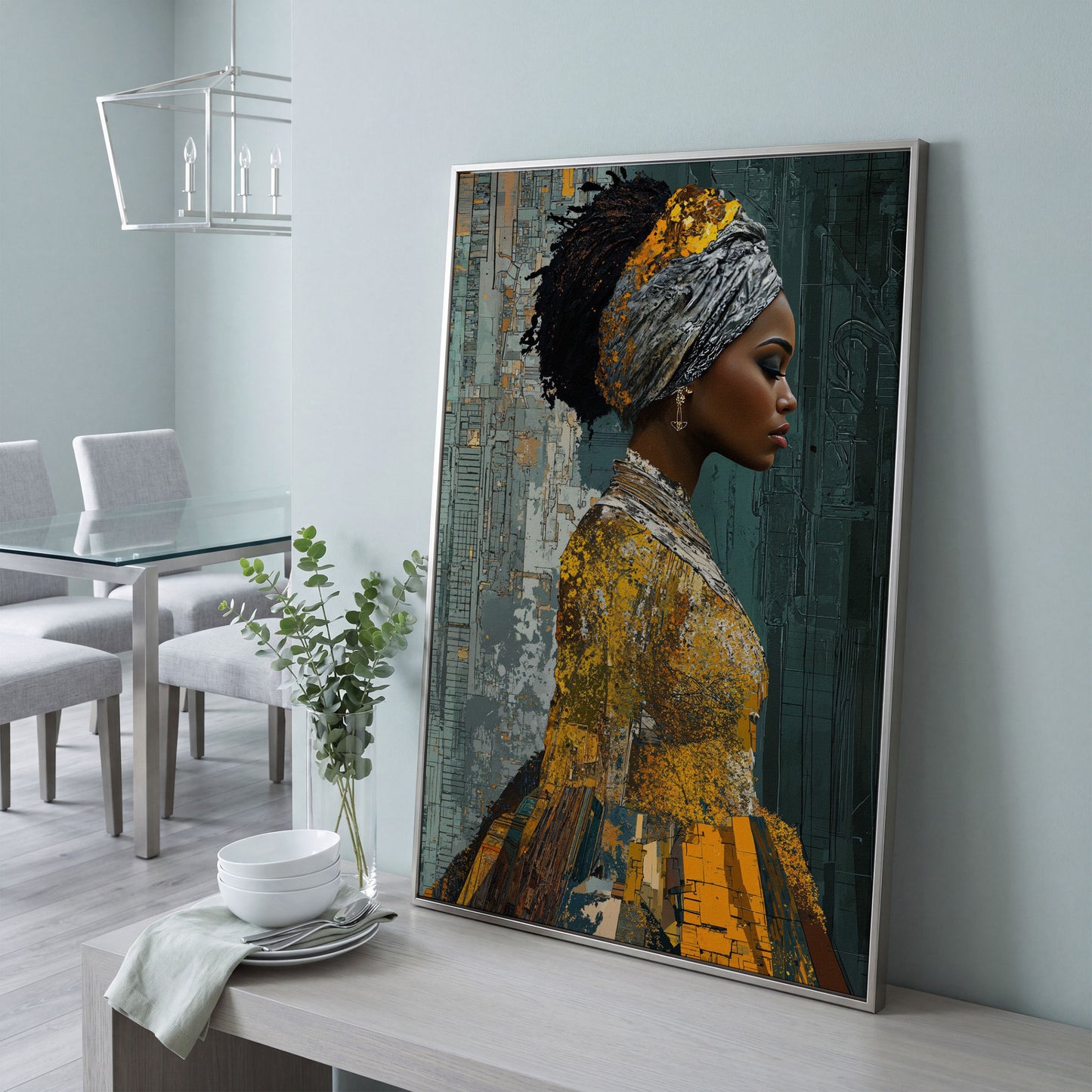 Black Woman Portrait Canvas Art with Abstract Elements in silver floating frame