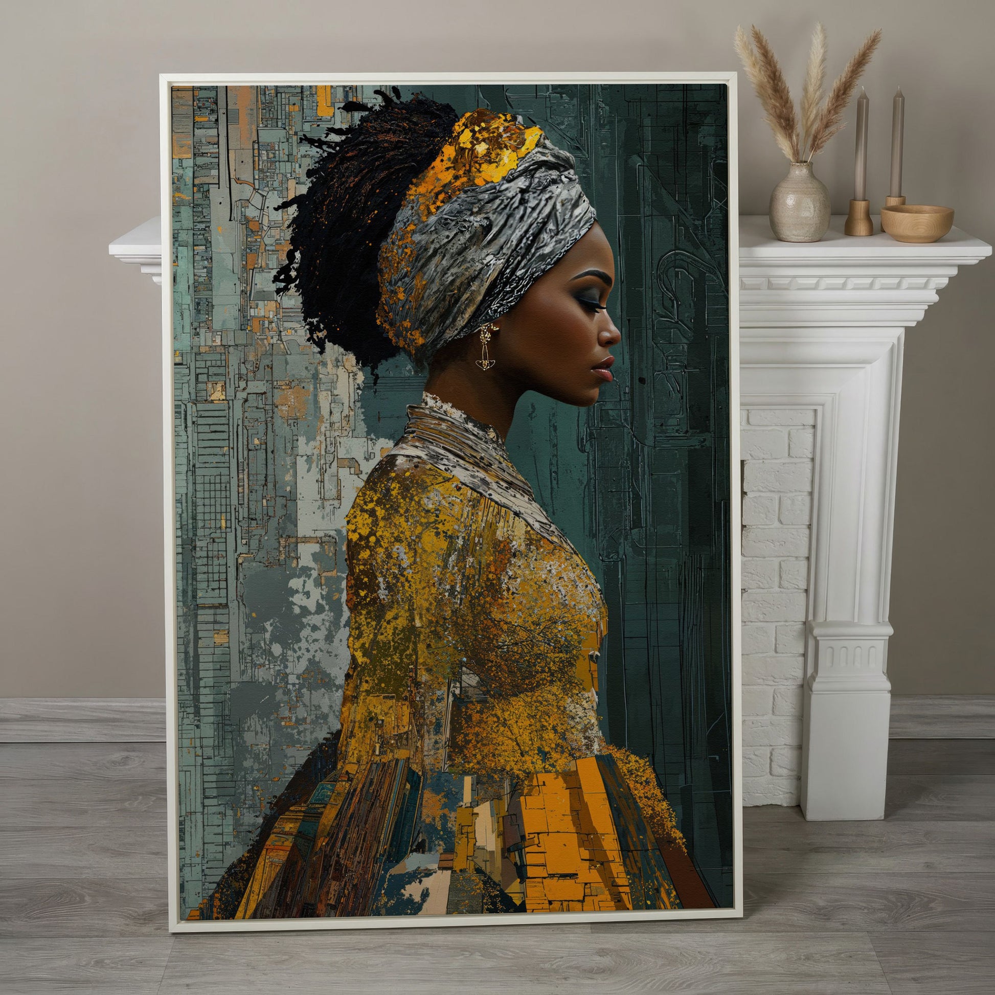 Black Woman Portrait Canvas Art with Abstract Elements in white floating frame