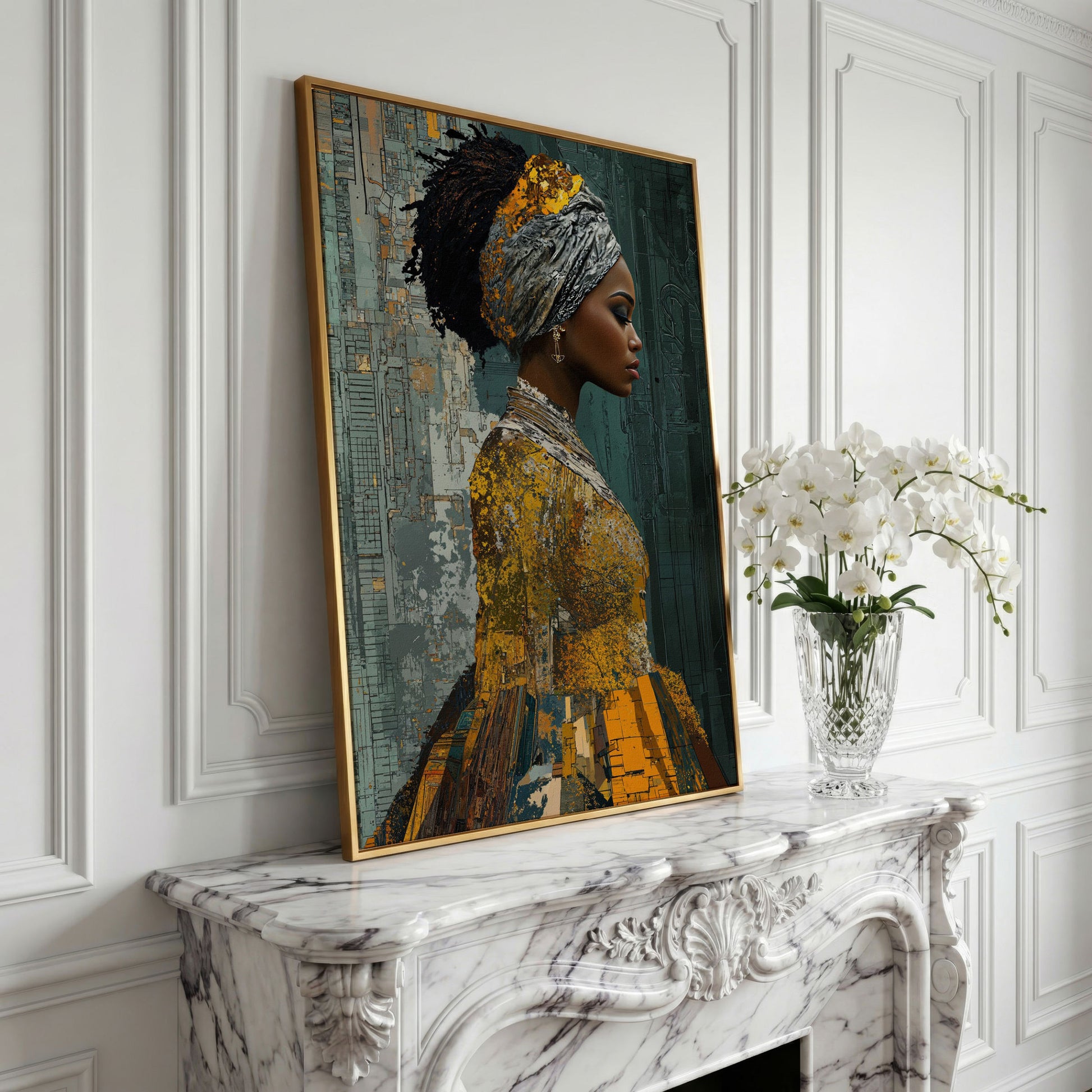 Black Woman Portrait Canvas Art with Abstract Elements in yellow gold floating frame