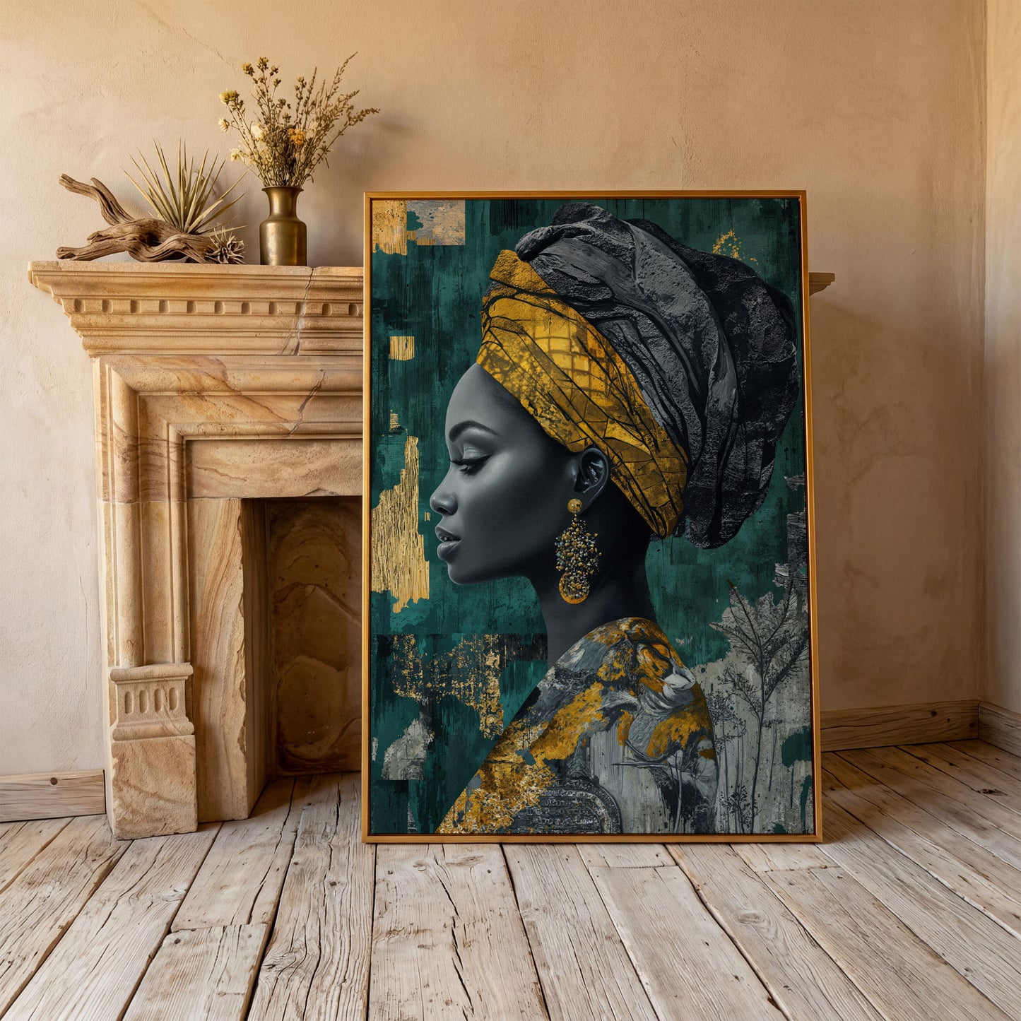 Abstract Fashion Portrait Canvas: African American Woman in Headwrap in antique gold floating frame